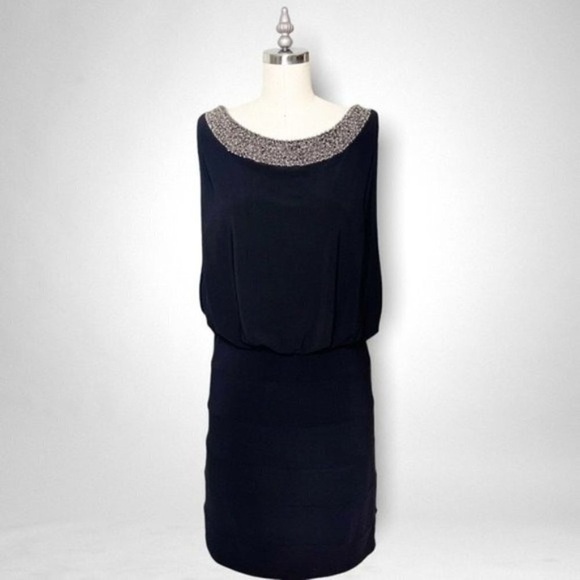 Cachet Black Beaded Neckline Open Back Formal Sheath Dress Medium - Picture 2 of 10
